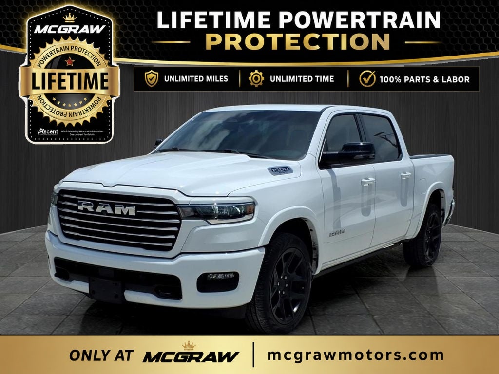 2025 RAM 1500 Laramie in Bright White Clearcoat — front three-quarter view