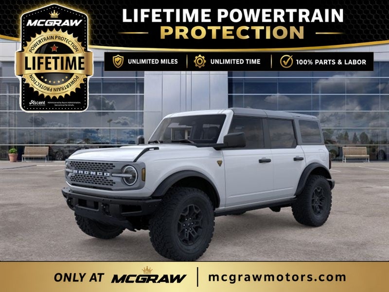 2026 Ford Bronco Badlands in Oxford White — front three-quarter view