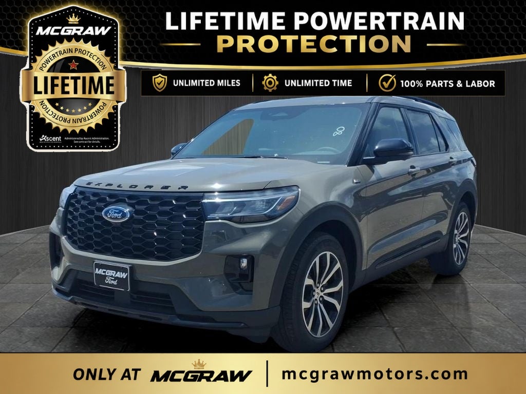 2026 Ford Explorer ST-Line in Marsh Gray — front three-quarter view