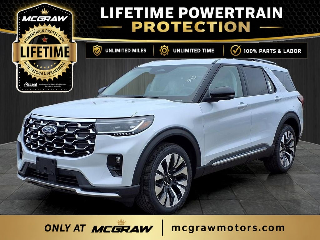 2026 Ford Explorer Platinum in White Metallic — front three-quarter view