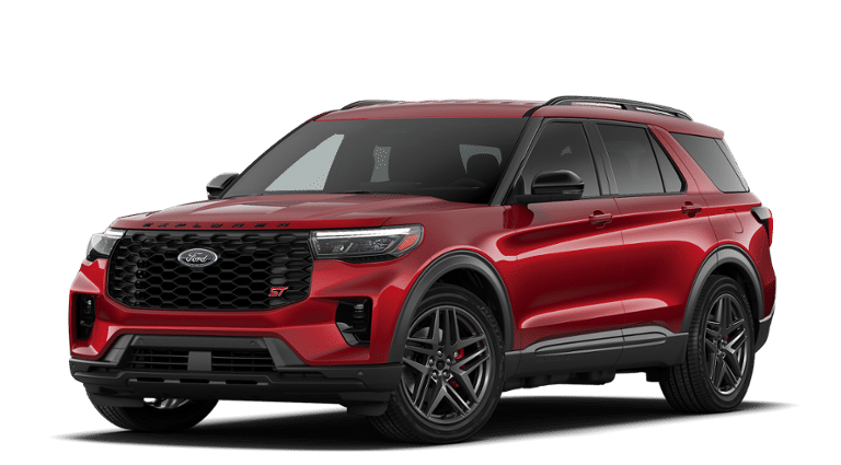 2026 Ford Explorer ST in Rapid Red Metallic Tinted Clearcoat — front three-quarter view